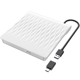 Зовнішній DVD/CD привід USB 3.0 та Type-C, DVD-записувач +/-RW для ноутбука та ПК, сумісний з Windows, macOS, Linux (Білий)