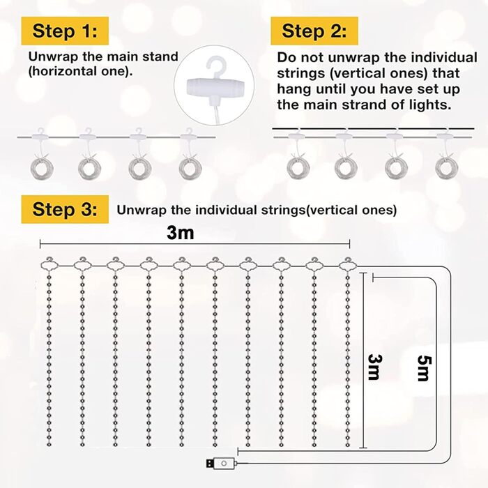 Лампочки-завіса 3x3м, 300 LED, USB, 8 режимів, пульт, IP65, тепле світло, для декору, свята, вечірки