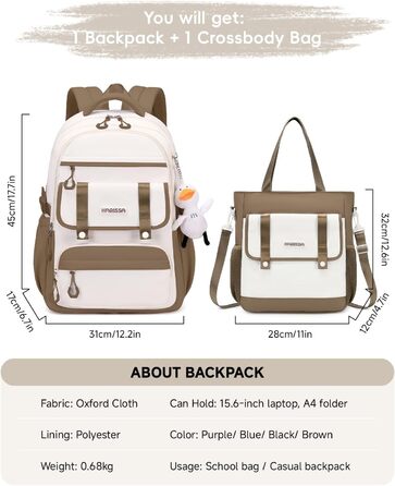 Шкільний рюкзак для дівчинки 2 в 1, для 3-7 класів, підлітковий, з сумкою через плече, 45 см, коричневий