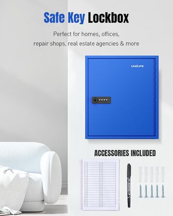 Шкафчик для ключів Uniclife на 60 позицій з комбінацією та ключовим замком, цифровий сейф, органайзер для ключів з регульованими полицями