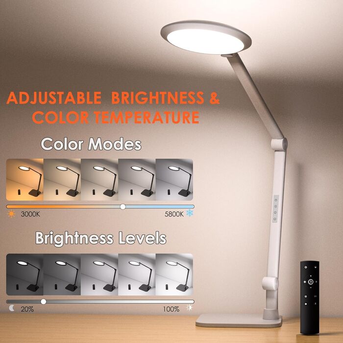 LED лампа настільна з денним світлом для відеоконференцій, офісна лампа з підставкою, регульована з 4 режимами кольору, 18W світло для відео, захищає очі, підходить для дому та офісу, матовий білий