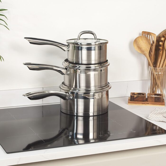 Набір каструль Salter Timeless 3-рівневий паровар з нержавіючої сталі, 18 см, з ручками та скляною кришкою, антипригарне покриття, пароварка для овочів, сумісний з індукційними плитами (3 шт.)