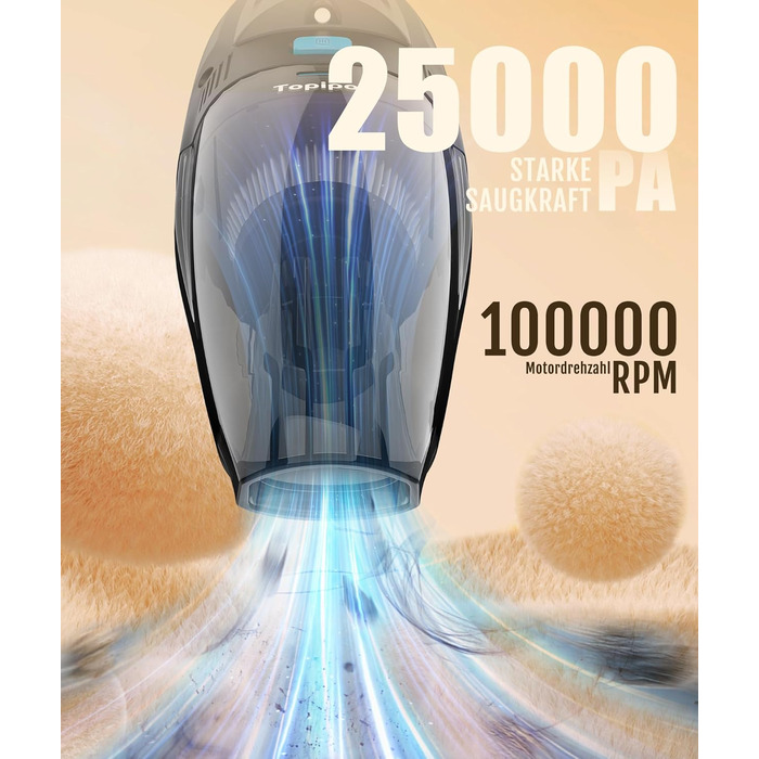 Акумуляторний пилосос Topipop Handstaubsauger 25000Pa з HEPA-фільтром для дому, авто, шерсті тварин (чорний)
