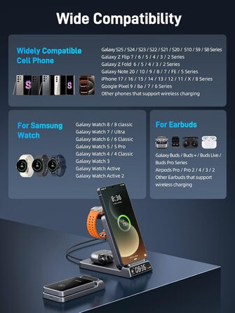 Бездротова зарядка для Samsung з годинником: станція для Galaxy S25 Ultra/S24/Z Fold 6/Flip 7/Bud, Watch, Galaxy Watch 8/7/6/5Pro, 3 в 1, сірий