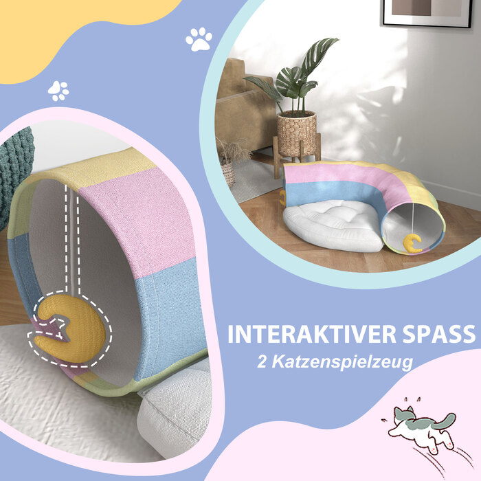 PawHut Тунель для котів, іграшка для котів, 2 іграшки, 1 м'який лежак, грайливий дизайн, 105 см x 65 см x 28 см, різнокольоровий