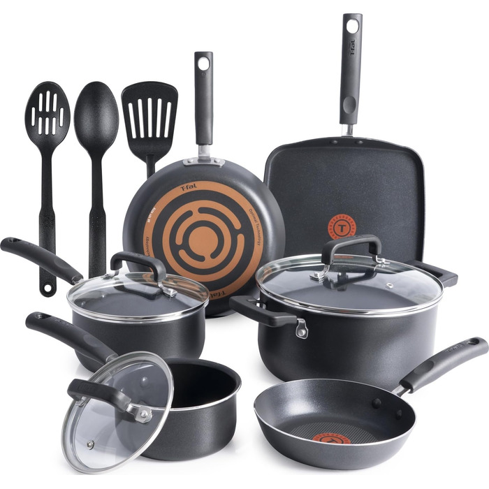 Набір антипригарного посуду T-fal Signature, 12 предметів, термостійкий до 350°C, каструлі та сковорідки, чорний