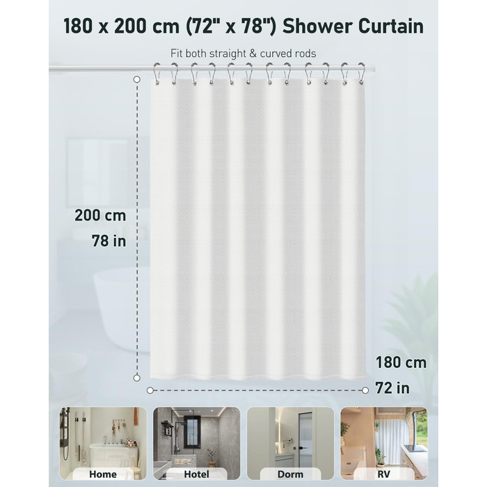 Шторка для душу Uniclife, біла, 180x180 см, вафельна текстура, водовідштовхувальна, 100% поліестер, з 12 нержавіючих люверсів, з 12 металевими гачками та обтяженим краєм