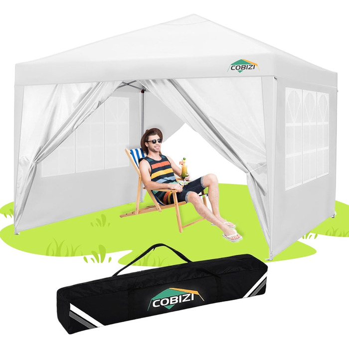 COBIZI Folding Gazebo 3x3 Waterproof Stable Pop Up Gazebo Folding 3x3 with 4 Sidewalls | Waterproof | UV Protection 50+ | Gazebo Party Tent for Garden Party Market Picnic | incl. Bag (White)