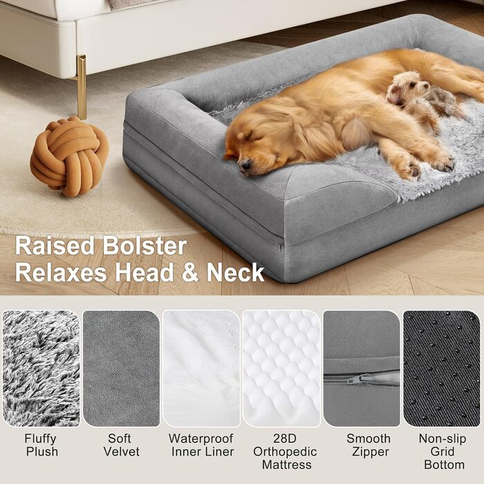 Gimars 9.5 inch Orthopedic Dog Bed for Extra Large Dogs, XL Dog Bed with Bolster & 28D Egg Crate Mattress, Waterproof Cover, Washable Plush Cover, Dog Sofa for Arthritic Dogs - half round (Rectangular, (9.5 inch Mattress) L 104 x W 81 x H 18 cm)