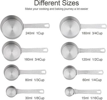Smithcraft Measuring Cup Set, 8-Piece Dry Measuring Cup Set, 18/8 Stainless Steel Measuring Cups for Baking, Metal Kitchen Measuring Cups with 1/16, 1/8, 1/4, 2/3, and 3/4 Measuring Cups, Cooking Utensils