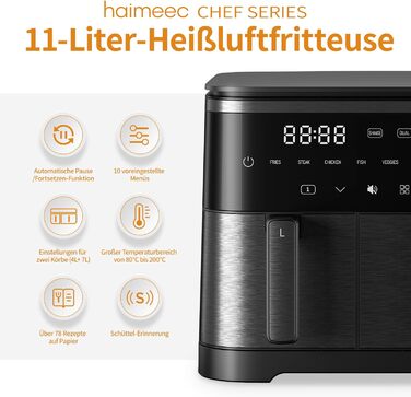 Електрична фритюрниця повітряна 11л, 2 камери з грилем, 10-в-1, без олії, з нагадуванням про струшування <60дБ, з антипригарним покриттям, 78 рецептів