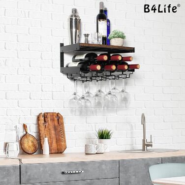 B4Life Wall Mounted Wine Racks, Stemware Holder Wall Mount with Stemware Hangers Modern Wine Display Storage Holder for Kitchen Dining Room Bar - Holds 8 x Glasses and 7 x Wine Bottles