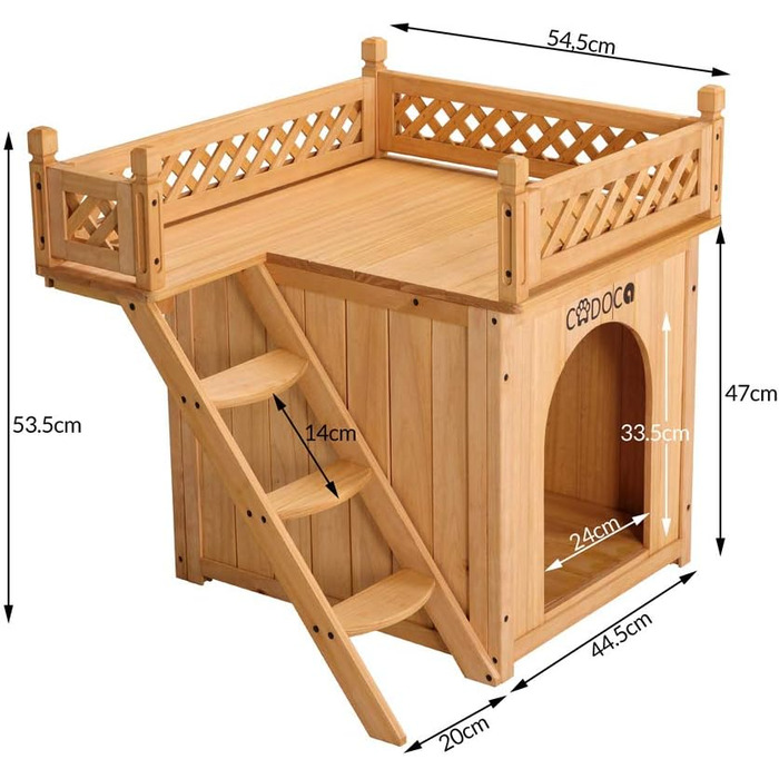 Двоярусний будиночок для котів та собак Tierhaus з дерева, сертифікат FSC®, 65x55x54 см - тераса, сходи, балкон