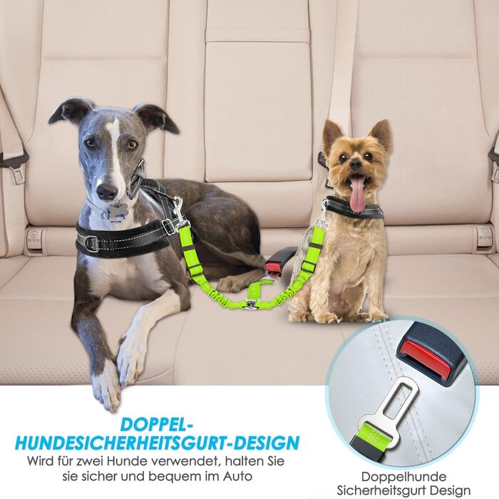 Ремінь безпеки для собак SlowTon у машину, 2 в 1, еластичний, регульований, світловідбиваючий, для подорожей та прогулянок (1 маленький + 1 середній, Limone)