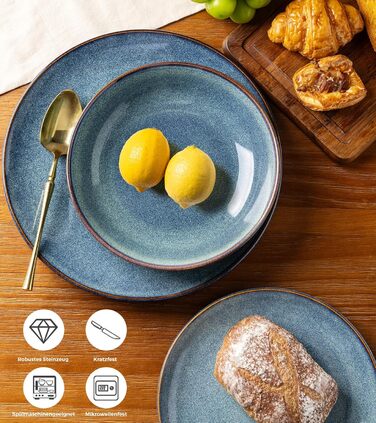 GBHOME Набір посуду з кераміки, 24 частини (12-ти та 24-ти місний), ручної роботи, реактивна глазур, тарілки та миски, стійкий до сколів та тріщин, придатний для миття в посудомийній машині та використання в мікрохвильовці, білий колір (Ceylon Blau)