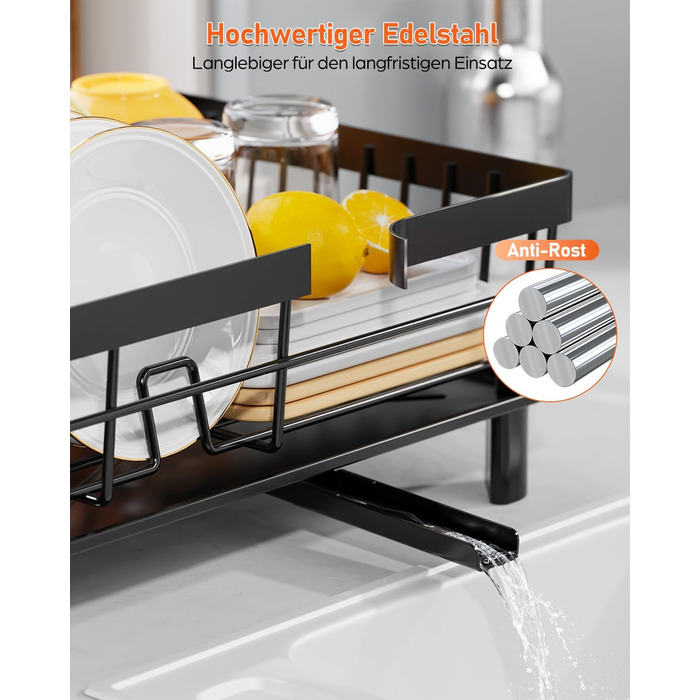 LIONONLY Dish Drainer Rack, Small Dish Drainer with Drip Bowl, Stainless Steel Dish Drainer with Drip Surface and Swivel Spout, Dish Drying Rack for Space-Saving