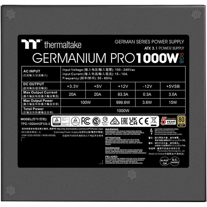 Блок живлення Thermaltake Hamburg Germanium Pro 1000W, ATX 3.1, PCIe 5.1, 80Plus White, низький рівень шуму