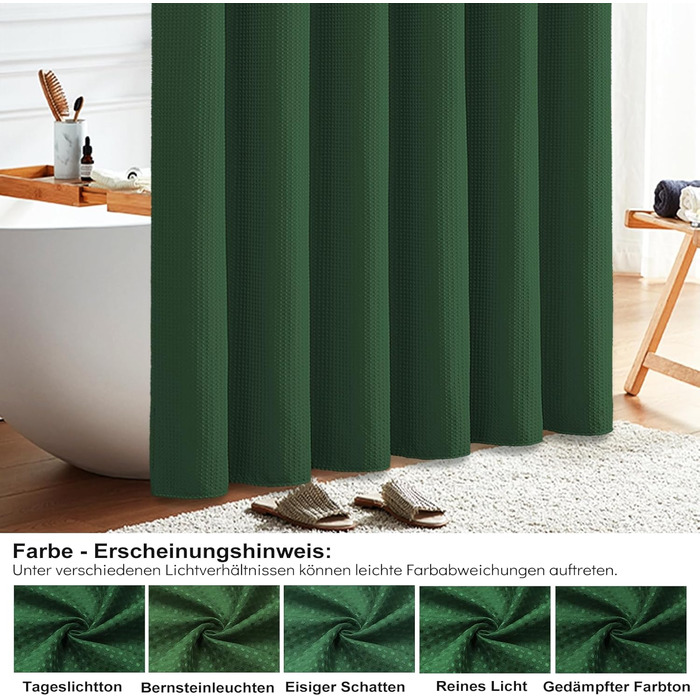 Шторка для душу BTTN, вафельна тканина, 180x200 см, антигрибкова, важка, водонепроникна, з 12 гачками, зелена