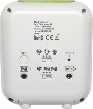 TFA Dostmann Boom Funkwecker, Loud with Vibration Alarm, Snooze Function, Adjustable Volume and Brightness, Automatic Night Light, White, L 110 x W 65 x H 122 mm