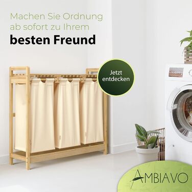 AMBIAVO® Laundry Hamper Beige – Laundry Basket with 3 Compartments and Shelf, 90L – Bamboo Laundry Sorter & Dirty Laundry Container – Laundry Basket with Shelf – Laundry Sorting System for Order in Your Household