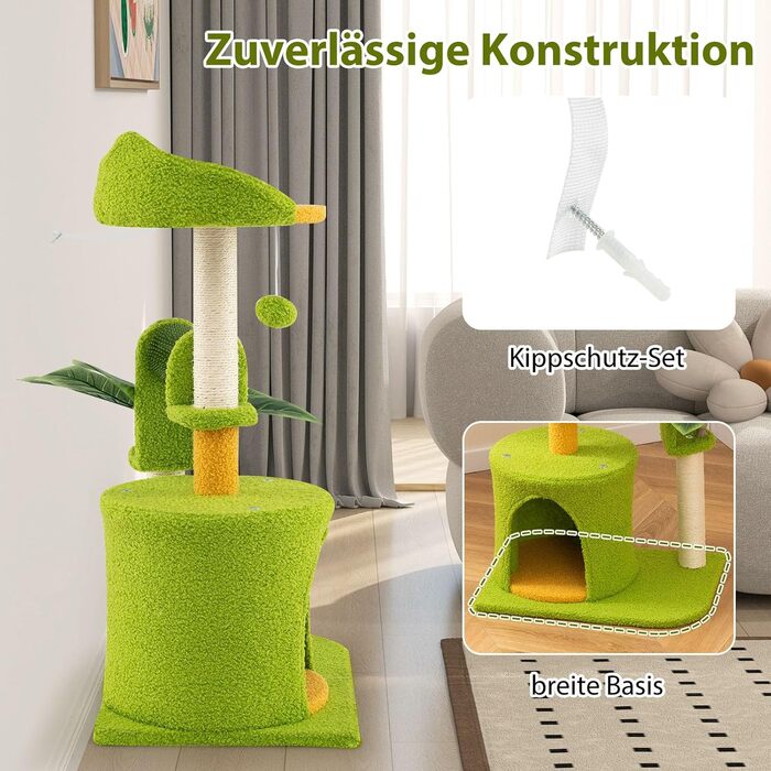 Дряпальня для котів COSTWAY 97 см з печерою та лежанками, кігтеточка з сизалевого мотузка та дерев'яною основою, зелено-бежева