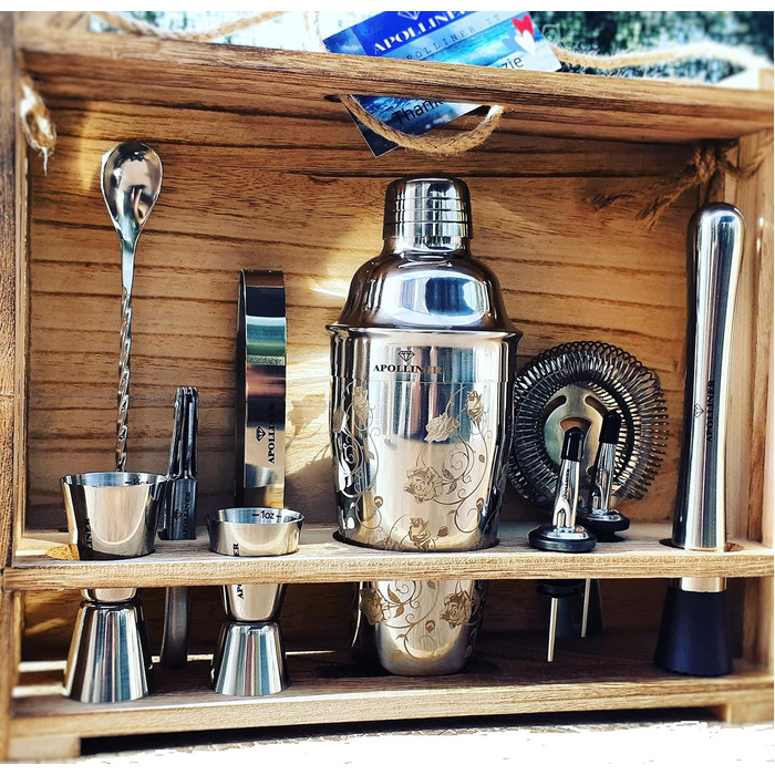 Cocktail Shaker, Professional Cocktail Shaker Set, Stainless Steel, 16 Pieces, Wooden Carrier, Easy to Carry, for Storing Aperitifs, Cocktail Set (16)
