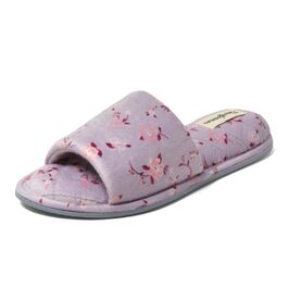 Жіночі домашні капці-шльопанці Dearfoams Beatrice Side Gore Slide з велюру, фіолетові у квітку, розмір 38/39 EU