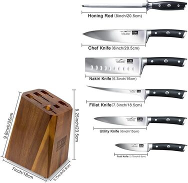 Набір ножів SHAN ZU (7 предметів) з блоком: кухонні ножі, ніж Сантоку 18 см, нержавіюча сталь, ергономічна ручка, подарункова упаковка