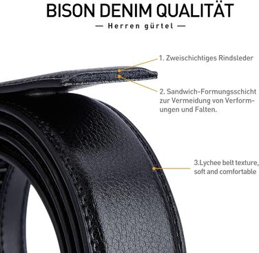 Чоловічий шкіряний ремінь BISON DENIM з автоматичною пряжкою - для ділового стилю, ширина 35 мм (чорний, 130 см)
