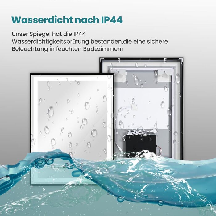 Дзеркало YOURLITE з підсвічуванням 70x50 см, LED дзеркало для ванної кімнати з сенсорним вимикачем, годинником, 3 кольори світла, регулювання яскравості, антизапарник, пам'ять, срібний (чорний, 80x60 см)
