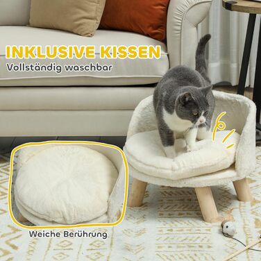 PawHut Софа для собак з подушкою, дерев'яні ніжки, миється, підняте ліжко для домашніх тварин, софа для котів та маленьких собак, 40,5 x 40,5 x 33 см (кремово-білий)