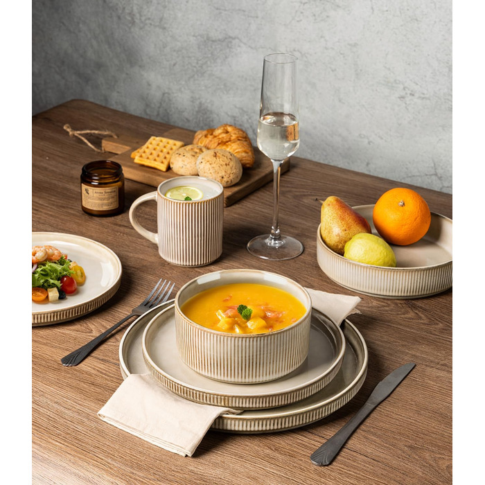 Набір посуду GBhome з реактивної глазурі для 6 осіб, 18 предметів: тарілки, миски, чашки (капучино), ручна робота, кераміка, безпечний для мікрохвильової печі та посудомийної машини