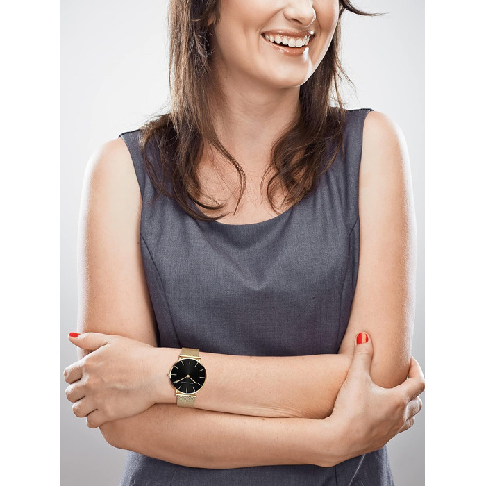 Жіночий годинник Hannah Martin: аналоговий кварц, водонепроникний, з нержавіючої сталі, ультратонкий, сітка-браслет (чорний корпус, золотий браслет)