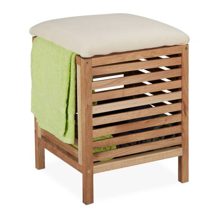 Relaxdays Laundry Basket with Seat, Walnut Wood