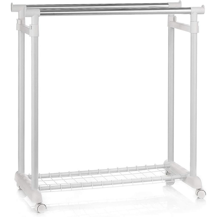 IDIMEX Wardrobe Trolley Grosso Clothes Rack Rolling Wardrobe Clothes Stand, with Shoe Shelf, 2 Clothes Rails, Height Adjustable, Chrome-Plated Metal Tube, in White