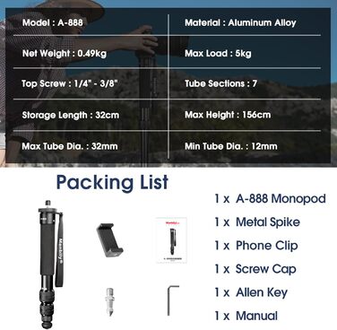 Монопод для камери Manbily A-888, 32-156 см, алюміній, 7 секцій, для DSLR/смартфона, монопод для фото та відео