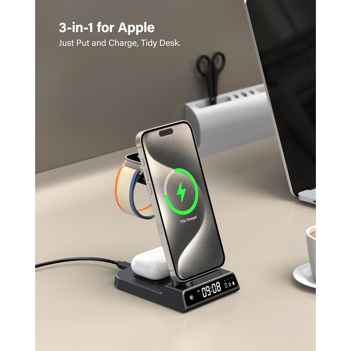 Зарядна станція 3-в-1 для iPhone 17/16/15/14/13/12/Air, Apple Watch Ultra 3/2/SE 3/10/9/8/7/6/5 та AirPods 4 (без адаптера) - Чорна