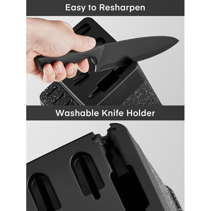FOHERE 13-Piece Stainless Steel Knife Set with Block & Sharpener - Ergonomic Black Granite Handles