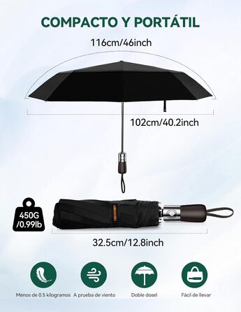 TECKNET Парасолька автоматична, чорна, штормостійка, легка у використанні