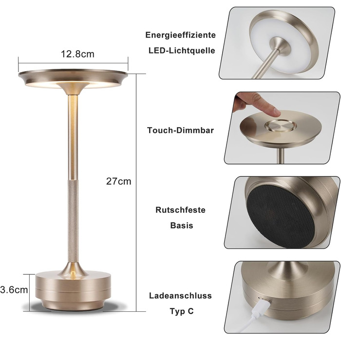 Настільна лампа бездротова LED з сенсорним керуванням, диммуванням та USB зарядкою, нікель, 2 шт. для вітальні, спальні, дитячої кімнати
