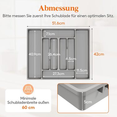 Органайзер для столових приборів Lifewit, 51.6x42 см, для 60 предметів, знімний тримач, пластиковий лоток для ложок, виделок, ножів у шухляду