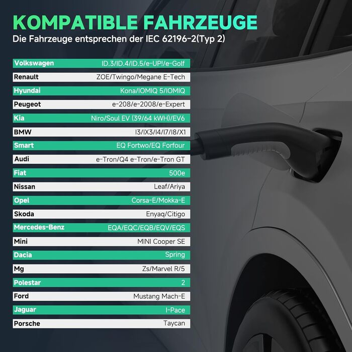 Кабель для зарядки електромобіля Type 2 Schuko, 3.68 кВт, 6.1 м, 6-16A (Чорний)