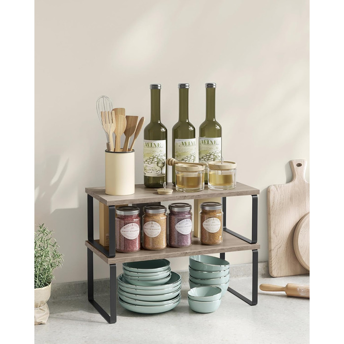 SONGMICS Spice Rack, 4-Piece Set, Kitchen Shelf, Kitchen Organizer, Expandable, Spice Holder, Stackable, with Metal Frame, 19.5 x 29.7 x 15.8 cm, Ink Black + Natural Beige KCS10NB (Ink Black + Greige Melange, 39.7B cm)