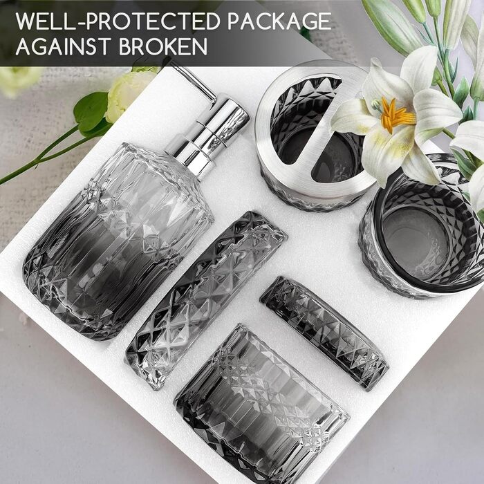 Набір аксесуарів для ванної кімнати Hebaogugu 5 шт., сірий колір, з дозатором мила, мильницею, стаканчиком для зубних щіток, тримачем для зубних щіток та контейнером для ватних паличок.