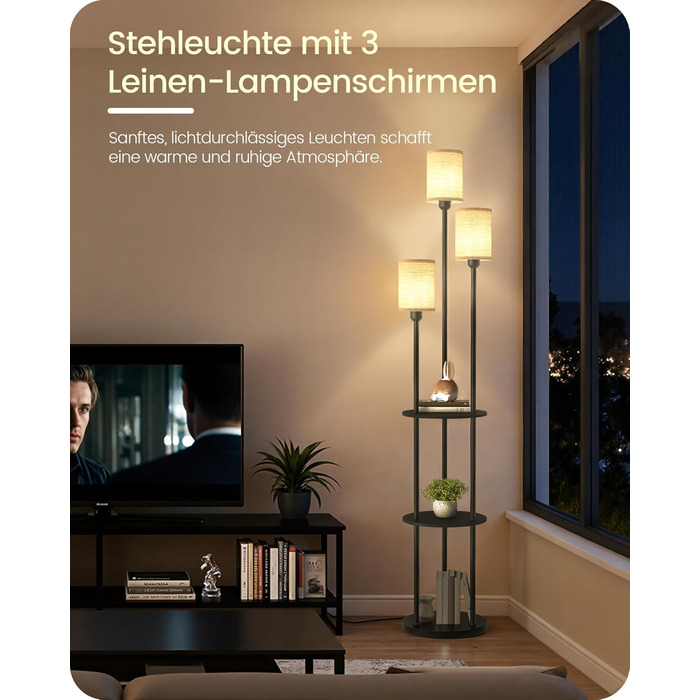 Стельова лампа для вітальні з поличкою, 3-хламкова лампа на ніжці з полицею Vintage, Бохо підлогова лампа з дерева з вимикачем на ніжці, патрон E27, ретро-дизайн, рустикальний коричнево-бежевий колір ZEF53LDD05 (Бежевий, Чорний)