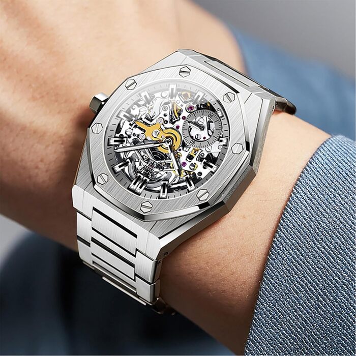 Чоловічий механічний годинник OLEVS Gold Skeleton з автопідзаводом, розкішний сталевий корпус з діамантами, водонепроникний, зі світлою індикацією (6669: Сріблястий)