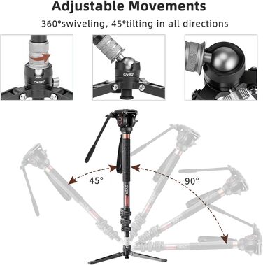 Штатив відео Cayer CF34DV з вуглецевого волокна 71 дюйм, з шарнірним голковим кріпленням та триногим основанням для DSLR-камер та відеокамер, з додатковою ковзною платформою