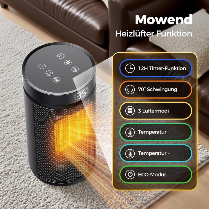 Керамічний обігрівач 1500W з термостатом, захистом від перегріву та нахилу, 75° осциляція, ECO-режим, 2-в-1 для дому (чорний, круглий)