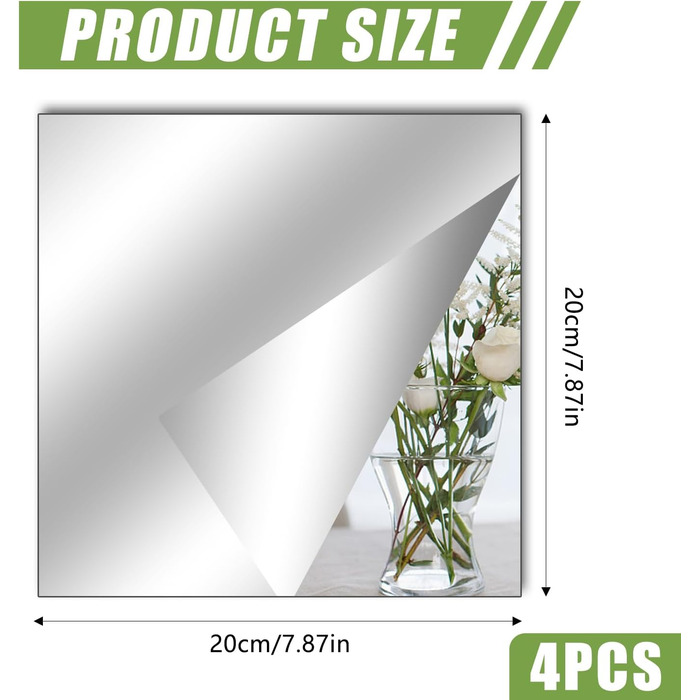 Клейкі дзеркальні наклейки на плитку, 4 шт. - Акрилові дзеркала для школи, дому, ванної кімнати (20 x 20 см, прямий кут)