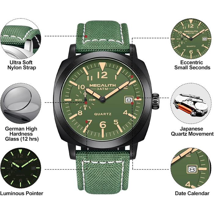 MEGALITH Годинник чоловічий Military Sport Outdoor, водонепроникні з шкіряним ремінцем, сталевий корпус, велике циферблат, з підсвічуванням, календар, дата, кварцові, чоловічі годинники